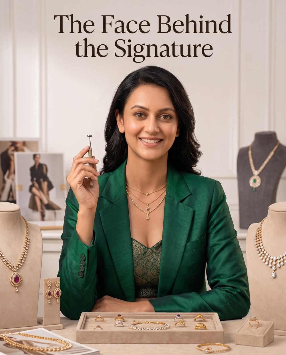 Somya Sharma smiling, seated at a table with rings, necklaces, and earrings on display