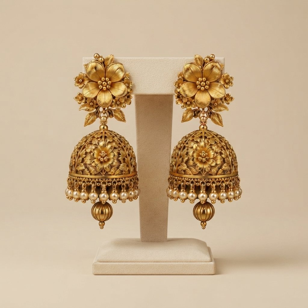 Gold floral jhumka earrings with pearl drops
