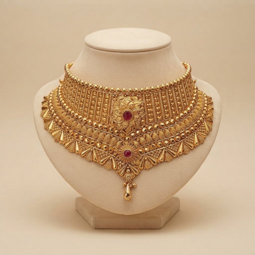 Gold choker necklace with ruby accents