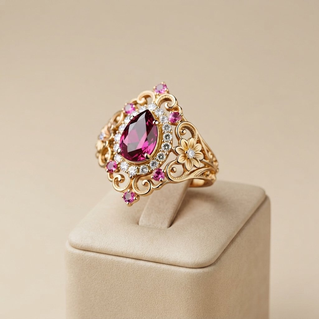 Gold cocktail ring with pink and white stones