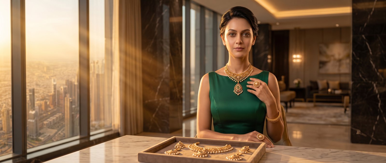 Somya Sharma seated at a marble table with a jewellery tray, wearing a gold and pearl necklace with a green dress