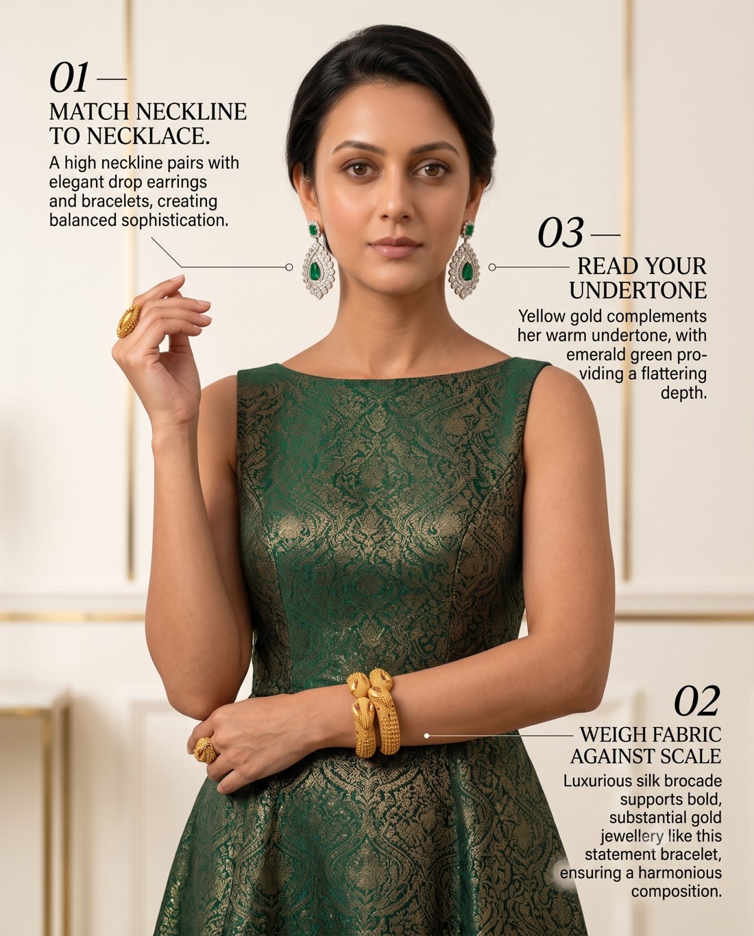 Styling guide: Somya Sharma wearing emerald and diamond earrings with a gold bracelet, annotated with tips on neckline, fabric, and undertone