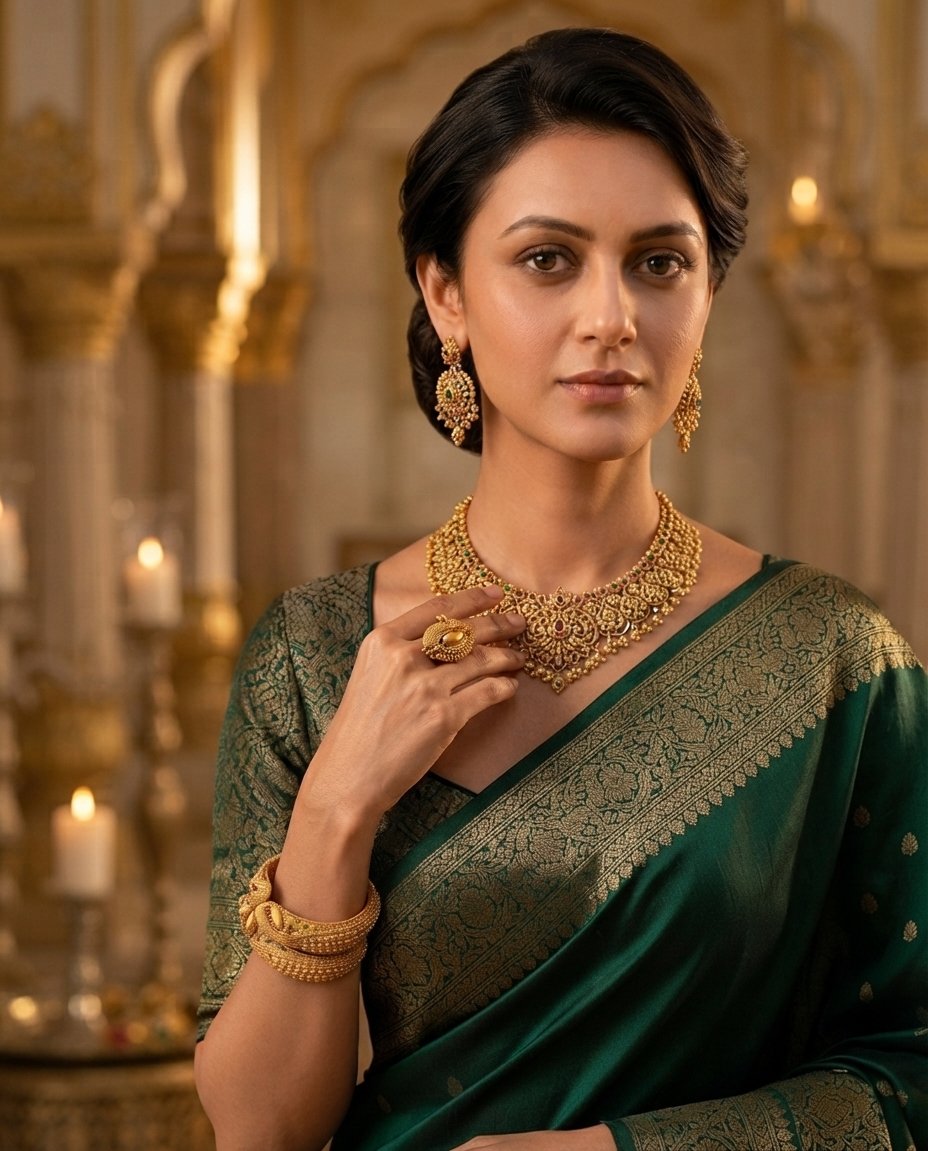 Somya Sharma wearing gold jewellery from the signature collection