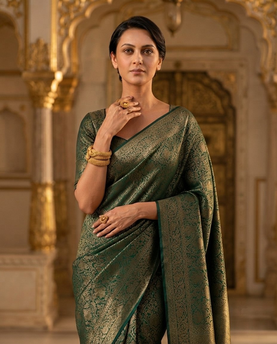 Somya Sharma in a green Banarasi silk saree wearing gold kada bangles and statement rings