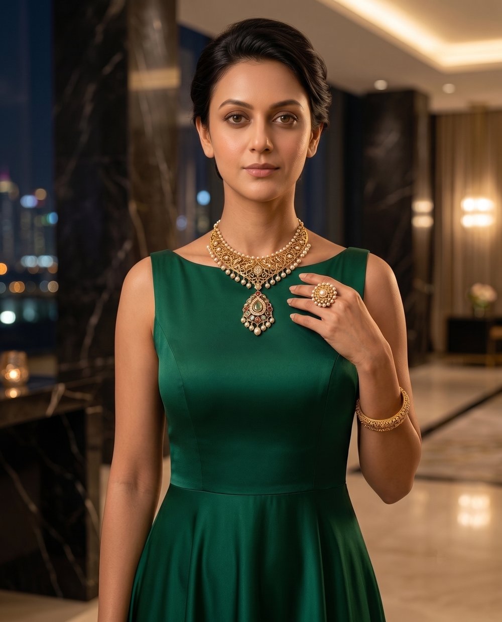 Somya Sharma in an emerald green dress wearing an elaborate gold and pearl necklace with a gemstone pendant, a pearl-topped gold ring, and a gold bangle