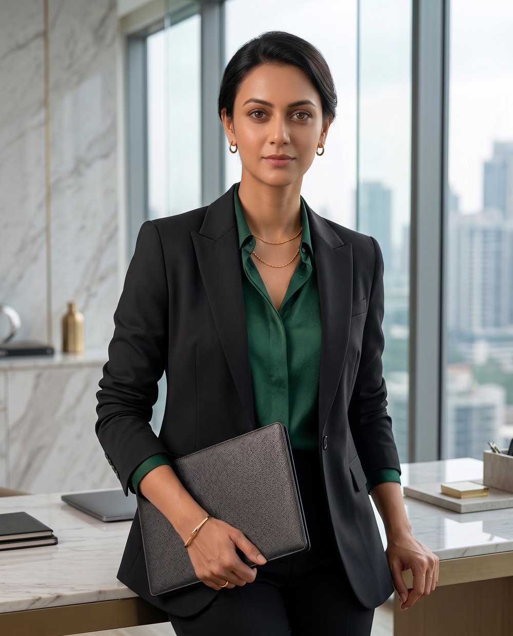 Somya Sharma in a black blazer and emerald green satin shirt wearing a delicate layered gold necklace, gold hoop earrings, and a slim gold bangle, holding a leather folio