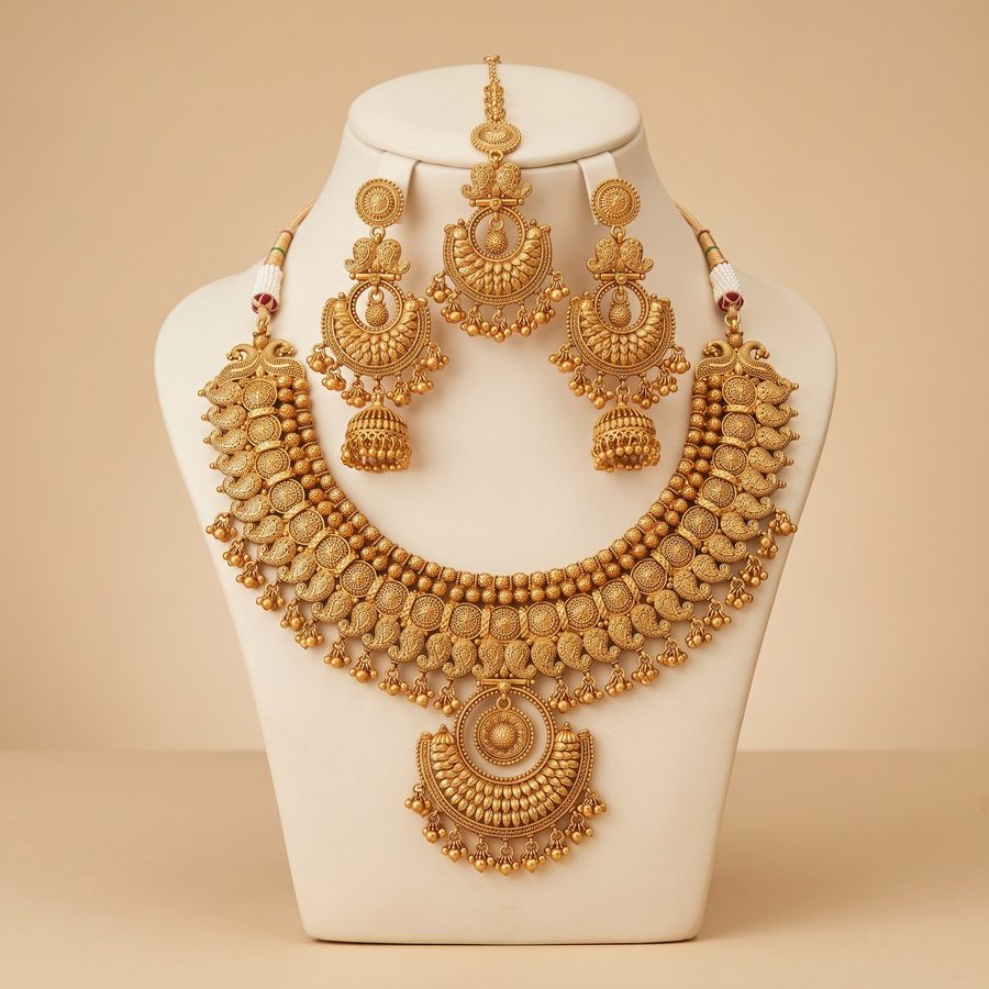 Delicate gold bead necklace and earring set with a drop pendant