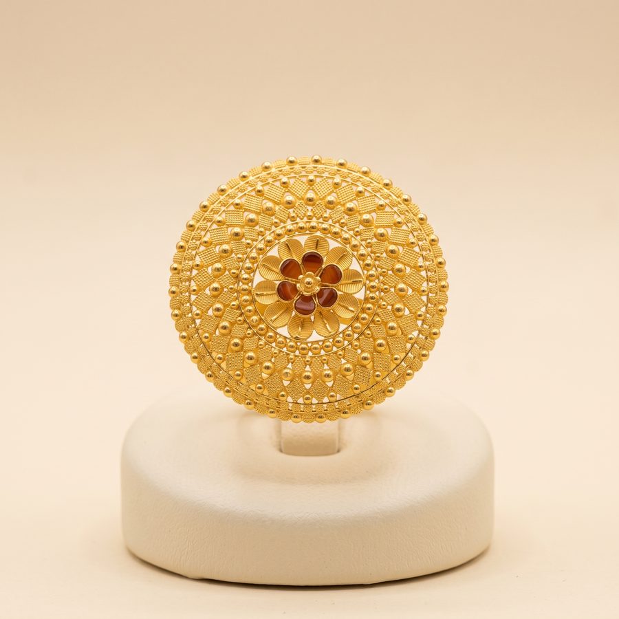 Gold rose-engraved wide band ring with diamond accents